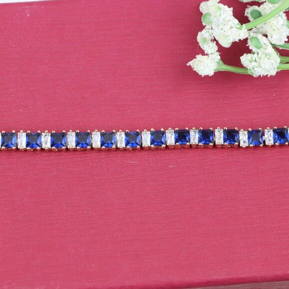 "Rose Gold Tennis Bracelet with Blue & White CZ, Elegant Sparkle Look, XPBL0741 - Picture 4 of 12